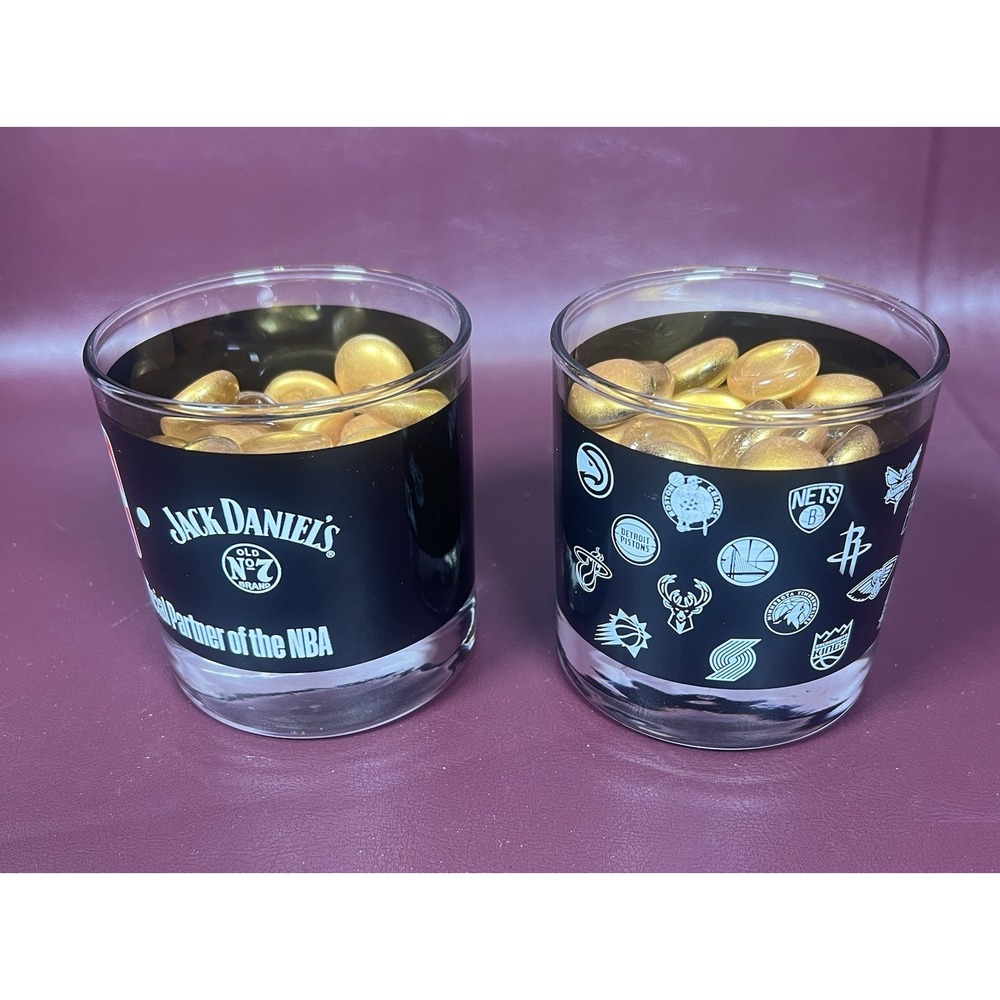Jack Daniels Old No 7 Glass Cup Low-ball Basketball NBA Whiskey Bourbon Set Pair